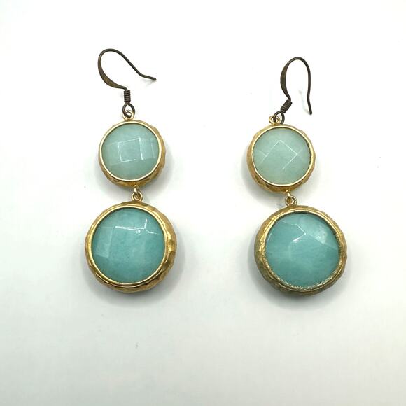 Unbranded Pierced Earrings Teal Green Gold Faceted Drop Dangle Summer Round - Picture 2 of 7